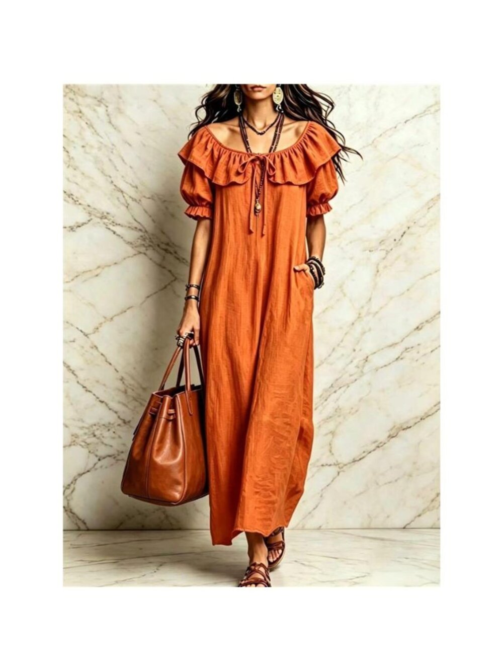 Ruffle Trim Puff Sleeve Maxi Dress